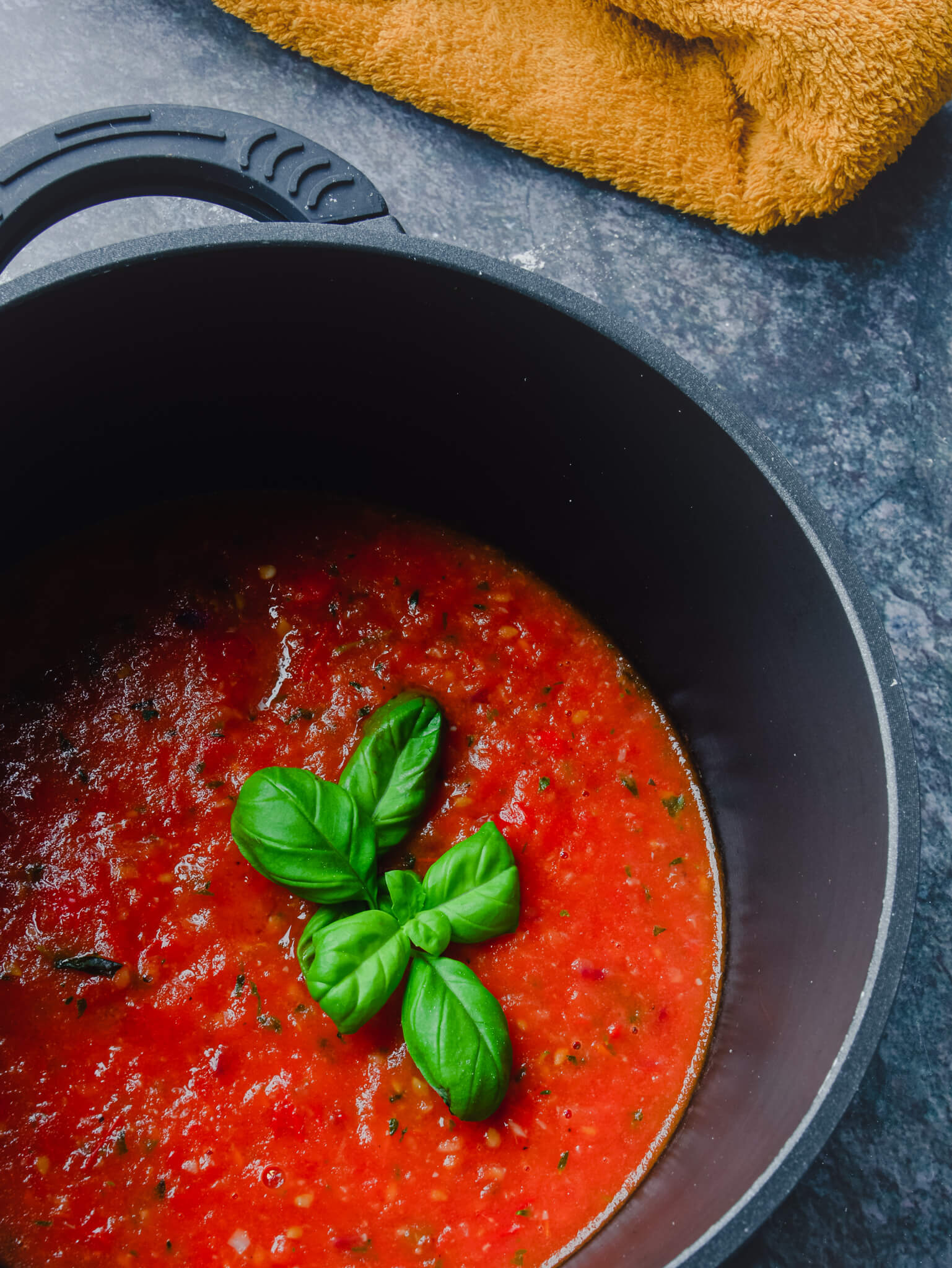 Pan met verse tomatensaus en basilicum