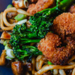 Close up udon noodles met gamba's